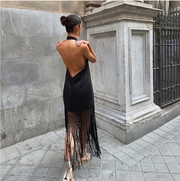 Zara halter * linen dress with fringe black size XS - Picture 5 of 16